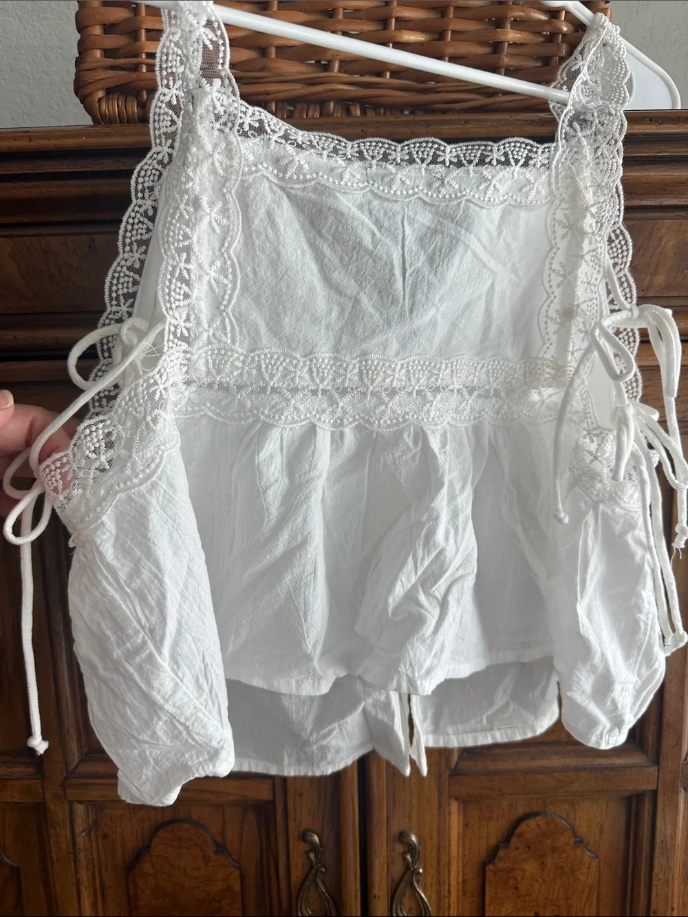 White Lace-Trim Button Front Cotton Camisole - Picture 2 of 4